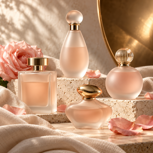 Elegante Damenparfums auf hellem Stein mit Rose