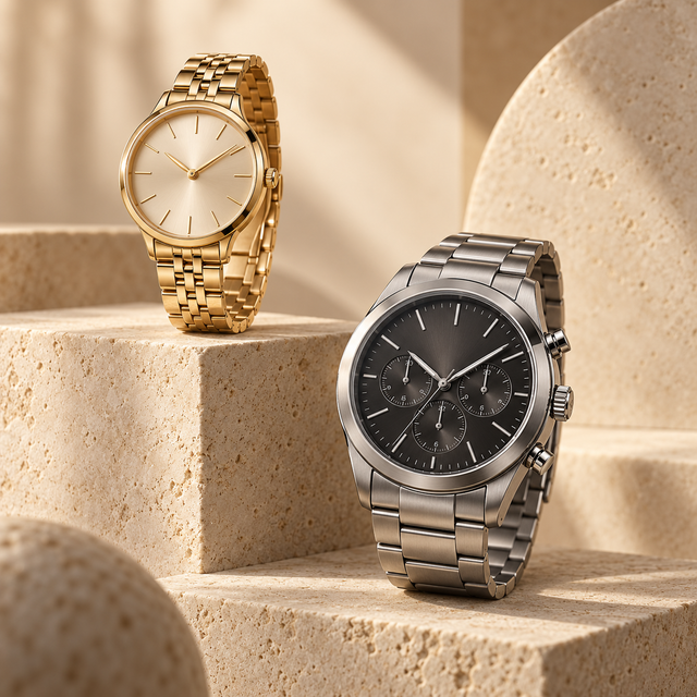 Elegante Armbanduhren in Gold und Edelstahl auf hellem Stein