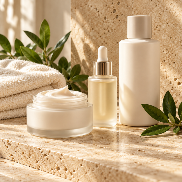 Hautpflege mit Creme Serum und Lotion auf hellem Naturstein