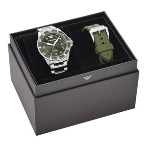 Emporio Armani Uhr World Explorer 3-Zeiger-Werk Datum Edelstahl und Silikon grün