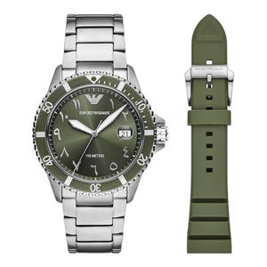 Emporio Armani Uhr World Explorer 3-Zeiger-Werk Datum Edelstahl und Silikon grün