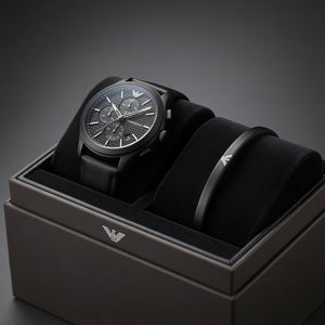 Emporio Armani Herren Chronograph Uhren-Set Schwarz Leder AR80070SET