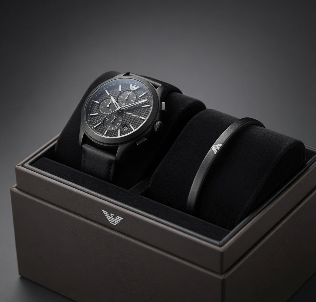 Emporio Armani Herren Chronograph Uhren-Set Schwarz Leder AR80070SET