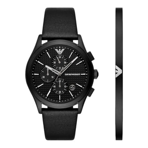 Emporio Armani Herren Chronograph Uhren-Set Schwarz Leder AR80070SET