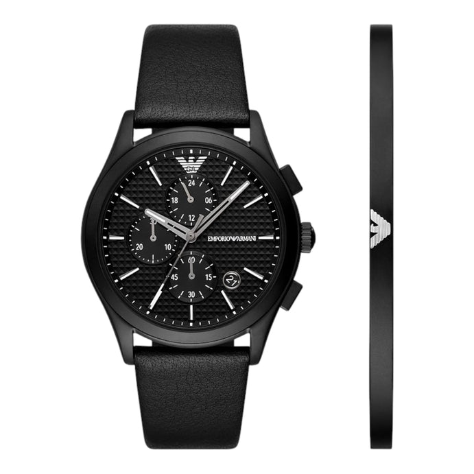Emporio Armani Herren Chronograph Uhren-Set Schwarz Leder AR80070SET